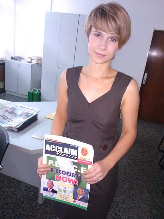 Proudly ANIM: German Envoy, former press secretary, German Consulate General, Lagos. Ms. Stephan Proudly display one of our publications.